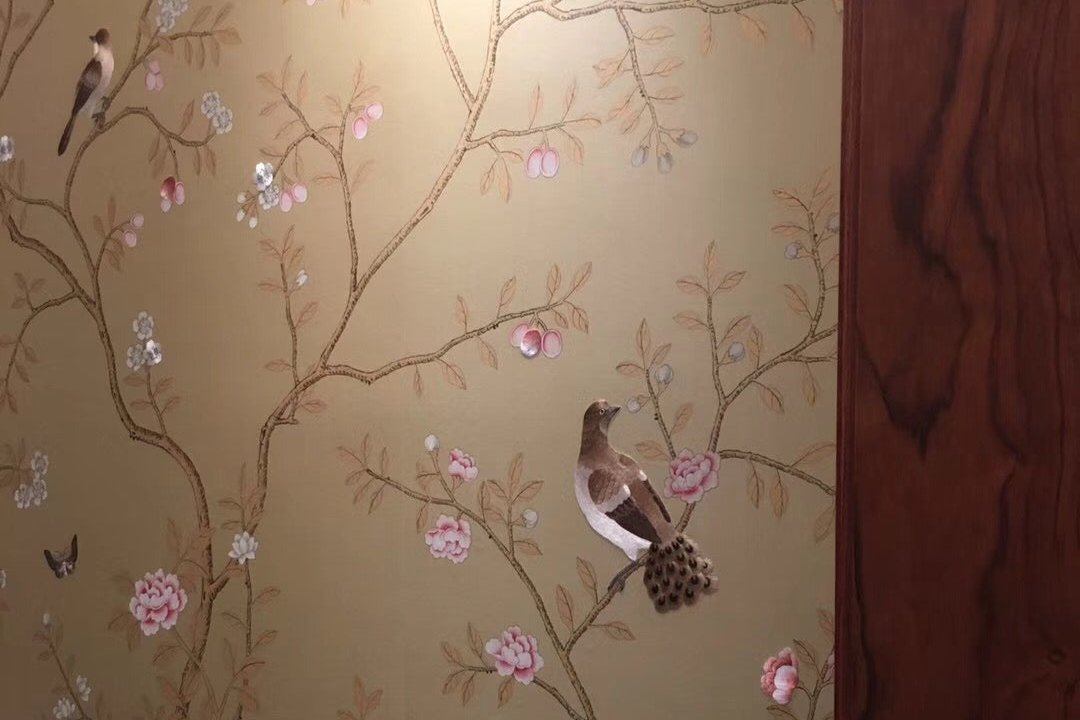 Custom-made Chinoiserie hand-painted wallpaper with intricate floral and bird motifs, tailored to fit any wall size and color scheme.